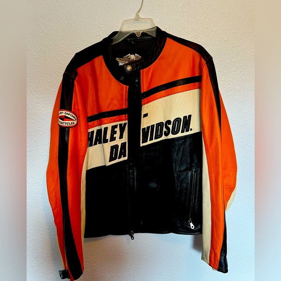 Authentic Men's Harley Davidson Leather Riding Jacket size Large Black Orange - Picture 2 of 9
